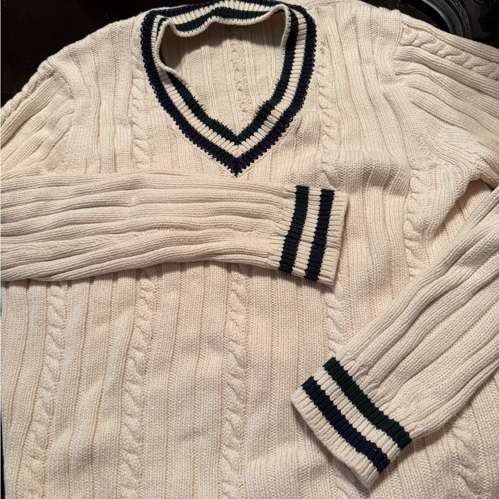 J. Crew Cream Cable-Knit V-Neck Sweater with Navy & Forest Green Trim